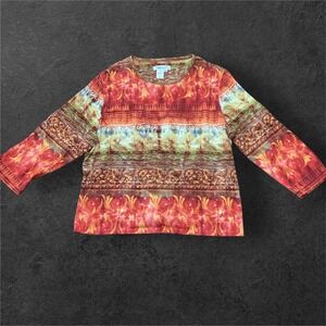 Coldwater Creek Womens XL Top 3/4 Sleeve Red Orange Paisley USA Made